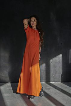 Orange T-shirt Maxi Dress Women Everyday Dress Viscose - Etsy Maxi Dress Minimalist, Casual Orange Maxi Dress With Short Sleeves, Casual Orange Short Sleeve Maxi Dress, Casual Orange Maxi Dress, Casual Short Sleeve Maxi Dress With Relaxed Fit, Dress 90s Style, Orange Tshirt, Long Tshirt Dress, Minimalist Clothes