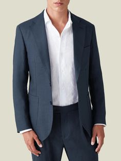 Crafted in Northern Italy from 100% pure linen, treated to obtain a unique natural stretch for breathability and comfort. Designed with a single-breasted 2-button closure, fine sartorial details and a tailored profile for an elegant look.     Cut in a slim yet comfortable fit, this elegant suit jacket has an unstructured profile and is half lined for lightness and a relaxed appeal. Artisanal details like AMF stitching and sartorial details like the notch lapel and patch pockets make this blazer Blue Linen Suit, Elegant Suit, Navy Blue Linen, Linen Suits, Linen Suit, Northern Italy, Linen Trousers, Linen Blazer, Trouser Suits