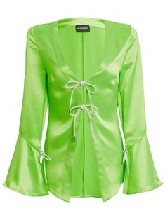 lime green satin finish plunging V-neck front lace-up fastening flute sleeves Green Top Women, Green Clothing, Ladies Tops Blouses, City Dress, Green Outfit, Fresh Lime, Satin Blouse, Summer Beach Wear, Green Satin