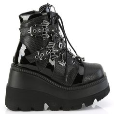 4 1/2" Wedge Platform Gothic Lace Up Ankle Boots. Double Bat Buckled Straps. Contrast Panel Designs On Vamp. Horseshoe Ring Ornament And Removable Fang And Bat Charm Details. Inner Side Zipper Closure. Styles: Egirl Gothic Emo Goth Gen Z K-Pop Kahs-66 Horseshoe Rings, Demonia Shoes, Horseshoe Ring, Pleaser Shoes, Black Platform Boots, Black Vegan, Platform Ankle Boots, Black Platform, Lace Up Ankle Boots