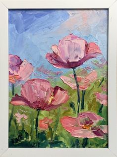 an oil painting of pink flowers on a blue and green field with clouds in the background