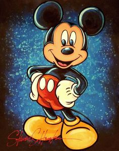 a painting of mickey mouse with his arms around the back of it's head