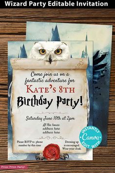 an owl birthday party is shown with the name and age on it's card