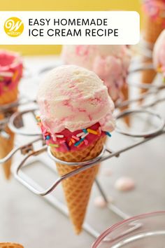 an ice cream cone with sprinkles on it and the words easy homemade ice cream recipe