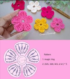 the crochet flower pattern is shown in pink, yellow and white with four petals