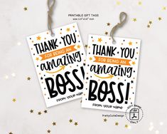 two tags that say thank you for being an amazing boss and have stars on them