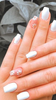 White Gel Nails With Flowers, Nail Inspo For 11 Yo, Short White Nails With Flowers, White Summer Nails Short, Flower Girl Nails Kids, White Summer Nails Designs, Nails Acrylic For Kids, Nails For Kids Cute Short, Kids Nails Cute Simple