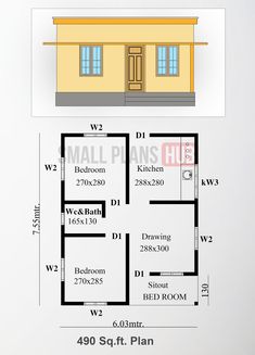 two story house plan with 3 bedroom and 2 bathroom in the front, shown from top to bottom