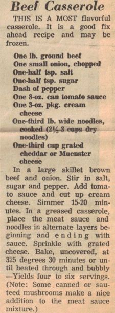 an old newspaper article about beef casserole and its ingredients, dated in english