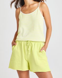 Lime Comfortable Sleepwear With Built-in Shorts For Summer, Relaxed Cotton Shorts For Beach Season, Relaxed Cotton Shorts For Lounging, Summer Cotton Sleepwear, Cotton Summer Sleepwear, Relaxed Cotton Pajama Shorts For Summer, Cotton Sleepwear With Elastic Waistband For Vacation, Beachy Cotton Pajama Shorts For Summer, Relaxed Beach Shorts With Drawstring