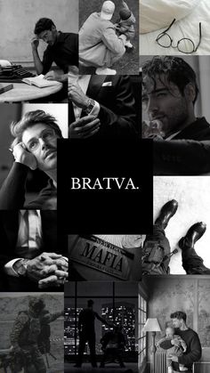 black and white photo collage with words that say, bratva in different languages