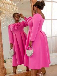 Rosa Elegante Collar manga larga Tela tejida Liso A línea Embellished Elástico Ligero Cogic Fashion, Elegant Dresses Plus Size, Pink Long Sleeve Dress, Ruffle Trim Dress, Rose Bonbon, Christmas Party Dress, Pink Long Sleeve, Dress Pink, Long Sleeve Knit