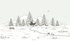 a drawing of a house in the middle of a snowy field with trees and snow covered mountains