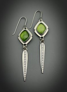 Serpentine gemstone earrings. Handmade one at a time.  Serpentine gems 10 carats total Sterling silver ear wires. The length of these earrings is  2.9" The width at the widest point is .6" Sterling silver setting. My signature and .925 are on the piece. All my pieces are 100% handmade by me. Each box jewelry is packaged has a special painting on the top from me. Thanks for stopping by!! Modern Green Earrings With Polished Finish, Elegant Handmade Green Linear Earrings, Special Painting, Gemstone Drop Earrings, Fun Jewelry, Green Gems, Sterling Silver Dangle Earrings, Box Jewelry, Modern Earrings