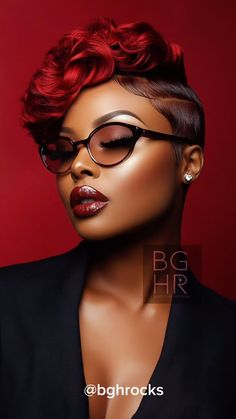 Instagram Rap Hairstyles Woman, Pixie Hairstyles With Color, Red Hair Red Lipstick, Color Pixie Hair Black Women, Short Hair Color Ideas Pixies, Hairstyle With Color, Gorgeous Red Hair, Video Hairstyles