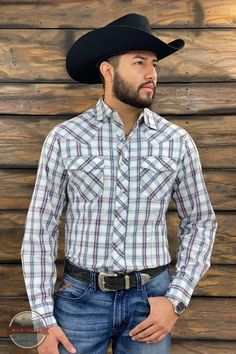 Wrangler 112344819 Long Sleeve Snap Shirt in Blue Plaid Front View Blue Western Shirt With Button Closure, Western Style Collared Tops For Ranch, Western Collared Tops For Ranch, Blue Western Tops For Rodeo, Western Style Button-up Top For Western-themed Events, Fitted Western Shirt For Western-themed Events, Western-style Button-up Top For Western-themed Events, Western Style Button-up Shirt For Western-themed Events, Western Button-up Tops For Rodeo