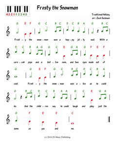 frosty the snowman song sheet with musical notes and symbols in green, red and white