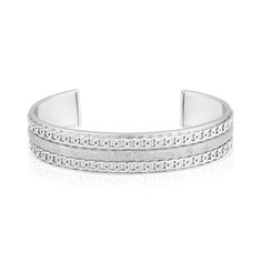 This men's sterling silver and diamond cuff bracelet is an edgy look he'll appreciate. Sterling silver. Features 1/2 ct. t.w. diamonds. Chain edge design adds a stylish touch. 8.0 inches in circumference. Timeless White Gold Cuff Bracelet For Anniversary, Timeless White Gold Cuff Jewelry, Modern Silver Cuff Bracelet With Diamond Accents, White Gold Cuff Jewelry For Anniversary, Classic White Gold Cuff Jewelry, Silver Diamond Cut Cuff Bracelet, Silver Diamond Cut Cuff Bangle, Silver Diamond Cut Cuff Bracelet Bangle, Silver Diamond Cut Bangle Cuff Bracelet