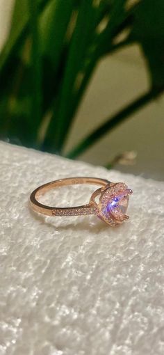 a close up of a ring on a white surface with a plant in the background