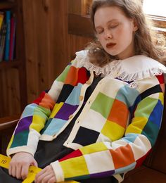 The Cubis Cardigan — Kina & Tam Playful Multicolor Cotton Sweater, Playful Multicolor Long Sleeve Cardigan, Retro Cotton Patchwork Cardigan, Retro Cotton Cardigan With Patchwork, Retro Multicolor Patchwork Cardigan, Multicolor Long Sleeve Outerwear For School, Multicolor Retro Patchwork Cardigan, Multicolor Spring Outerwear For School, Spring Multicolor School Outerwear