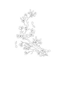 a black and white drawing of a branch with flowers