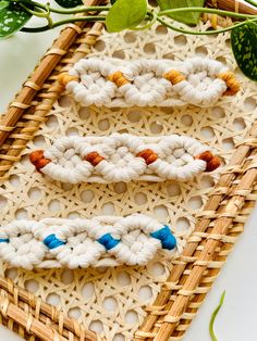 some white and blue beads sitting on top of a woven piece of cloth next to a plant