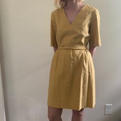 Gold Shift Dress From Theory Outlet, Never Worn. Modern/Classic Fitted V-neck Linen Sundress, Yellow V-neck Dress For Casual Wear, Chic Yellow Shift Dress, Fitted Linen V-neck Dress For Work, Fitted V-neck Linen Dress For Work, Shift Dress For Daywear, Mid-length, Yellow Shift Dress, Knee-length, Fitted Linen Dress With Lining, Yellow Fitted Linen Dress