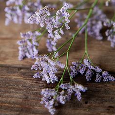 lavender flowers are sitting on a wooden table