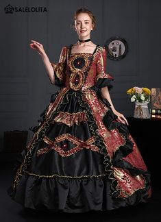 18th Century Baroque Renaissance Victorian Dresses     Condition: Brand New   Color: Wine Red Floral and Black   Material: Brocade   Occasion: Party, Wedding, Events, Photo shoot or Shows   Sleeve Length: Long Sleeves   Collar: Square Collar   Includes: Dress           Whether you're looking for a Vintage Revolutionary,Regency,Early Victorian,Pioneer Women,Old West,Civil War Era,Polonaise Sets,Bustle Eras,Victorian Era,Edwardian Era Dresses Clothing or Historical Period Clothing for you Edwardian Era Dress, Masquerade Ball Dresses, Masquerade Party Dresses, Victorian Ball Gowns, Era Dresses, Marie Antoinette Dresses, Gothic Victorian Dresses, Masquerade Ball Gowns, Victorian Dresses