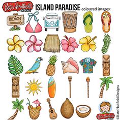 the island paradise colored images are shown in this drawing style, including palm trees, flowers, and other tropical items