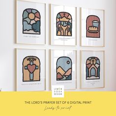 the lord's prayer set of 8 digital print is displayed in four different frames