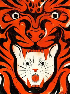 an orange and black drawing of a tiger's face with its mouth wide open