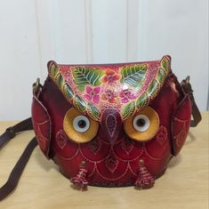 Handmade Genuine Leather Embossed 3 D Owl Animal Purse Handbag Crossbody Htf Red Hand Painted Bags, Leather Bags With Animal Design For Everyday Use, Vintage Handmade Red Satchel, Vintage Red Handmade Satchel, Handmade Vintage Red Satchel, Leather Satchel With Animal Design, Leather Satchel Shoulder Bag With Animal Design, Handmade Red Top Handle Bag, Handmade Red Top Handle Shoulder Bag