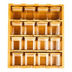 a wooden shelf filled with glass containers on top of each other and two rows of empty ones