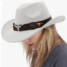 Cowgirl Western Hat With Faux Leather Wide Belt And Silver Bull Head Horns Embellishment * Color: White * 65% Cotton, 35% Polyester * Breathable Fabric * Inner Sweatband * Adjustable Ribbon * Hat Circumference 56-58cm/22-22.8" * Brim Width 7cm/2.75" * Height 11cm/4.3" White Fedora For Winter Rodeo, White Winter Fedora For Rodeo, White Fedora For Rodeo In Winter, Trendy White Hat For Fall, White Short Brim Felt Hat For Winter, White Winter Fedora, White Felt Hat With Flat Brim For Winter, Casual White Felt Hat For Rodeo, White Flat Brim Felt Hat For Winter