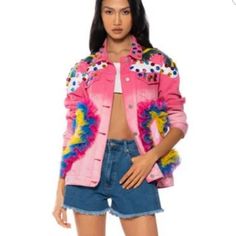 Brand New, Labeled Medium And Is A Larger Sized Medium This Denim Jacket Is Made From An Ombr Denim Base And Features A Pointed Collar, Long Button Cuff Sleeves, Button Flap Chest Pockets, Ruffle-Trimmed Sequin Smiley Faces Along The Front And Back Hems, And Button Down Front Closures. Complete With Large, Gem-Embellished Sequin Rainbow Patches Across The Shoulders And Coordinating Gem Embellishments Along The Collar And Chest Pockets. - 100% Cotton (All Measurements Approximate From Size Small) Trendy Cotton Spring Outerwear, Spring Multicolor Cotton Outerwear, Multicolor Cotton Outerwear For Spring, Trendy Spring Denim Jacket, Trendy Pink Cotton Denim Jacket, Pink Patchwork Outerwear For Summer, Trendy Patchwork Summer Outerwear, Summer Pink Patchwork Outerwear, Trendy Patchwork Outerwear For Spring