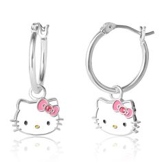 Add a playful touch to your ensemble with these Brass Silver Plated Hello Kitty Pink Crystal Charm Hoop Earrings. Crafted with precision, these earrings feature charming Hello Kitty charms adorned with pink crystals, creating a whimsical and stylish look. Sanrio Earrings, Hello Kitty Charms, Hello Kitty Earrings, Hello Kitty Pink, Heart Hoop Earrings, Back To School Shopping, Pink Enamel, School Shopping, Accessories Jewelry Earrings