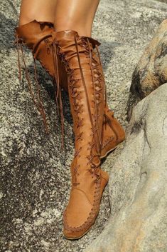 Roma Womens Leather Lace Up Over The Knee High Boots Vintage Moccasins shoes | eBay Over Knee High Boots, Boho Wardrobe, Winter Flats, Heel Boots For Women, Fantasy Clothes, Tan Leather Boots, Ren Fest, Glass Rose, Elegant High Heels