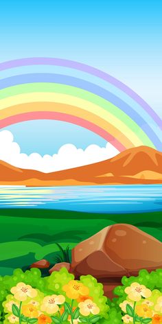 a rainbow in the sky over a lake with flowers and rocks near by on a sunny day