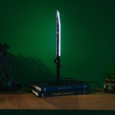 a light that is on top of some books and a plant next to it in front of a green wall