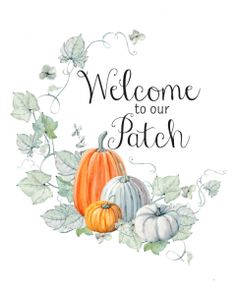 a welcome card with pumpkins and leaves on the front, in watercolor style