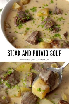 two pictures showing different types of soup with meat and potatoes in it, one has a spoon