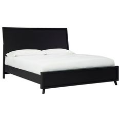 a black bed frame with white sheets and pillows on it's headboard, in front of a white background