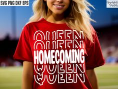 a woman wearing a red shirt with the words home coming written on it in white