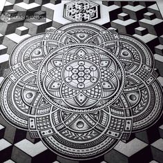 a black and white drawing of a flower on a tile floor with geometric shapes in the background