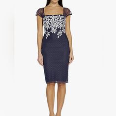 New With Tags Adrianna Papell Women's Floral Embroidery Sheath Dress Size 6 Color Navy/Ivory Retails $150 Scalloped Lace Dress, Pink Sheath Dress, Beaded Party Dress, Black Lace Cocktail Dress, Long Sleeve Cocktail Dress, Fitted Midi Dress, Floral Shift Dress, Adrianna Papell Dresses, Silk Midi Dress