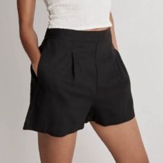 Coming In A Breezy Cotton And Linen Blend, These Pull-On Shorts Have A Clean, Flat Front. Add The Matching Blazer For That Comfy-Yet-Put-Together Thing. 50% Linen/50% Cotton. Machine Wash. Sold Out By The Brand! Black Linen Bottoms With Built-in Shorts, Relaxed Fit Pull-on Shorts, Black High-waisted Cotton Pajama Shorts, High-waisted Black Cotton Pajama Shorts, Black Cotton Bottoms With Built-in Shorts, Denim Shorts Style, Cuffed Denim Shorts, High Waisted Jean Shorts, Mid Rise Shorts