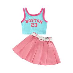 Get your little fashionista ready to shine in our Sleeveless Tank Top and Pleated Skirts Set! This chic and stylish ensemble is the perfect combination of comfort and trendiness, making it an ideal choice for your little girl's wardrobe. The set includes a Sleeveless Tank with the cool letter "Boston 23" design, adding a sporty and fashionable touch to the outfit. Choose from two delightful color options: a light blue sleeveless top with pink detailing or a pink sleeveless top with green accents Fitted Sets For School Spring Season, Spring School Fitted Sets, Fitted Spring Sets For School, Trendy Summer School Skirt, Trendy Summer Skirt For School, Trendy Sleeveless Spring Sets, Fitted Summer School Sets, Sleeveless School Sets For Spring, Playful Fitted Sleeveless Set