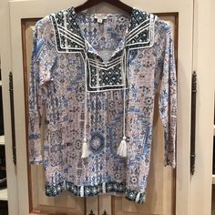 Bnwot Lucky Brand Shirt In A Size Small. 3/4 Length Sleeve And Predominantly Blue In Color. Blue Half Sleeve Printed Blouse, Blue Printed Half Sleeve Blouse, Blue 3/4 Sleeve Printed Blouse, Summer Patterned Blouse With 3/4 Sleeves, Blue Bohemian Half Sleeve Blouse, Blue Printed Blouse With 3/4 Sleeves, Blue Half Sleeve Bohemian Blouse, Casual Patterned Blouse With 3/4 Sleeves, White Printed Long Sleeve Tunic