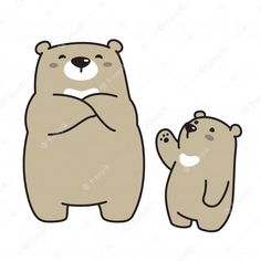 two bears standing next to each other with their arms crossed and looking at the ground